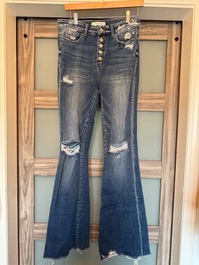 Flying Monkey Distressed Dark Blue High-Rise Flare Jeans